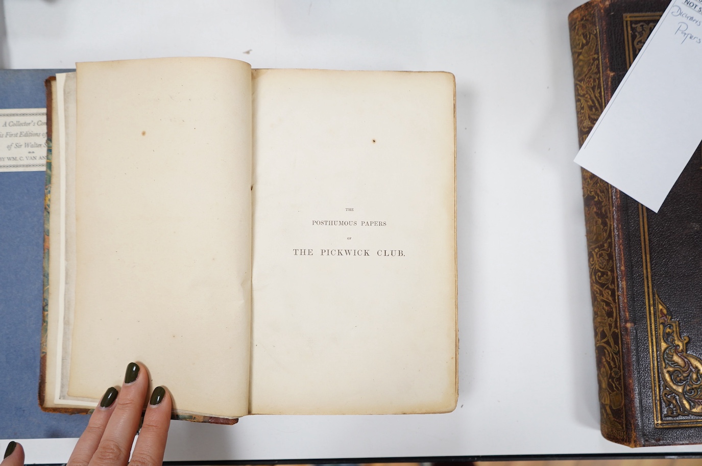 Dickens, Charles - The Posthumous Papers of the Pickwick Club. 1st edition. pictorial engraved and printed titles and 41 plates (by Seymour & Phiz; lacks frontis and preface); old calf (rejoined). Chapman and Hall, 1837